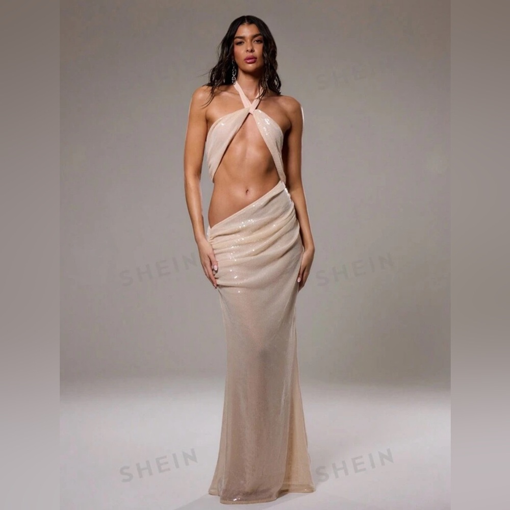 Super sexy tie halter neck front cutout criss cross rose sequin mermaid gown